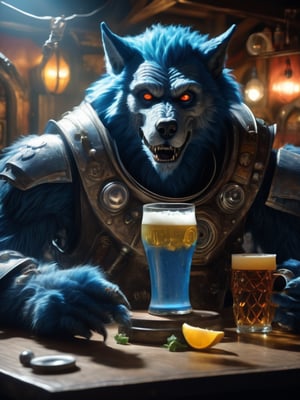 wide shot, best quality, masterpiece, photorealistic, natural skin texture, realistic eye and face details, beautiful shadow, hyperrealism, A lunar pub, where werewolf wearing astrounaut suit howl at the moon while sipping on frothy glasses of blue beer and feasting on juicy, highly detailed, cyber, hyper realistic monster, cyborg style,Leonardo Style,HellAI