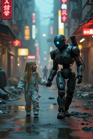 Photo. A rundown cyberpunk city street at night with broken neon signs and rubble. A little girl is walking. She has long blonde wavy hair and she is wearing a white spacesuit. She is holding hands with her guardian who is a dark metal robot which is slightly worn. She is smiling at her guardian. The robot is armed with futuristic weapons so it can keep the little girl safe. It looks like the robot is smiling back at the girl with its glowing visor.