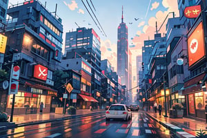 A serene autumn evening scene: a dark blue sky with puffy white clouds stretches above the urban landscape. A cityscape unfolds below, with towering skyscrapers and bustling streets. A sleek car navigates the road, flanked by a building with a neon sign and a lamppost casting a warm glow. Autumn leaves carpet the ground, while a tree stands tall in the distance. In the foreground, a motor vehicle sits idle at a crosswalk, awaiting its turn to merge into the flow of city traffic. evening lights on