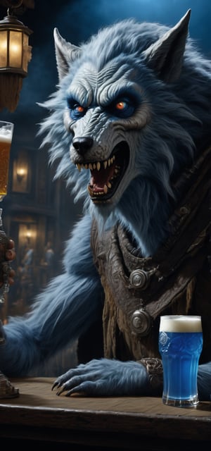 wide shot, best quality, masterpiece, photorealistic, natural skin texture, realistic eye and face details, beautiful shadow, hyperrealism, A lunar pub, where white werewolf patrons howl at the moon while sipping on frothy glasses of blue drink and feasting on juicy, highly detailed, hyper realistic fantasy monster, cyborg style,Leonardo Style,HellAI