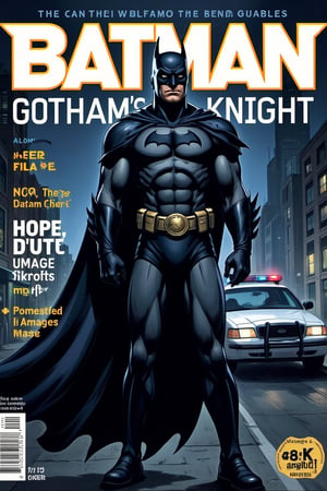 Magazine cover art titled as "GOTHAM's KNIGHT", dedicated for the Batman, standing, action pose, police car in background, hyper detailed, ((best image)), ((best quality)), ((masterpiece:1.2)), 8K UHD