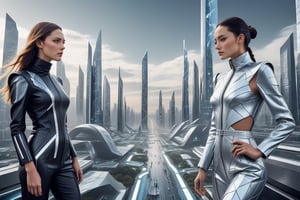 A captivating image of futuristic fashion, featuring models in sleek, high-tech outfits made from innovative materials. The designs should be bold and avant-garde, geometric patterns. The backdrop is a futuristic cityscape with dvanced technology, creating a vision of fashion in the future