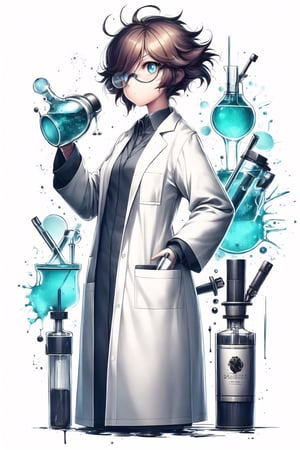 girl, scientist, alchemist, curious expression, lab coat, goggles, messy hair, determined stance, pouring potion, examining flask, focused gaze, scientific curiosity, intelligent eyes, confident demeanor,Grt2c,Chromaspots