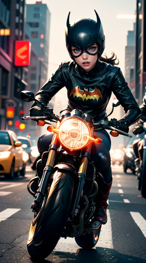 Black caferacer motorcycle driving high speed through the city (speeding), (slow motion: 1.3), (motion blur: 1.3), (speed line: 1.4), sense of speed, hot batgirl, glow eyes, denim short, sparks and tire smoke, cityscape background, camera on ground, high quality, high resolution, realistic details,Enhance,More Detail