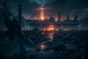 A haunting masterpiece captures the devastating aftermath of Japan's nuclear wastewater treatment plant explosion, with ultra-detailed destruction and chaos. In the foreground, a solemn figure stands amidst the ruins, surrounded by debris and pollution. The once-pristine cityscape now lies in shambles, with toxic waste spills and smoldering fires engulfing the area. Dark clouds loom overhead, reflecting the apocalyptic mood as the world teeters on the brink of ecological collapse.