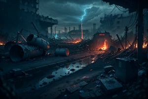 A haunting masterpiece captures the devastating aftermath of Japan's nuclear wastewater treatment plant explosion, with ultra-detailed destruction and chaos. In the foreground, a solemn figure stands amidst the ruins, surrounded by debris and pollution. The once-pristine cityscape now lies in shambles, with toxic waste spills and smoldering fires engulfing the area. Dark clouds loom overhead, reflecting the apocalyptic mood as the world teeters on the brink of ecological collapse.