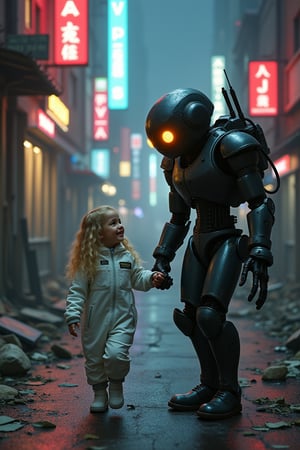 Photo. A rundown cyberpunk city street at night with broken neon signs and rubble. A little girl is walking. She has long blonde wavy hair and she is wearing a white spacesuit. She is holding hands with her guardian who is a dark metal robot which is slightly worn. She is smiling at her guardian. The robot is armed with futuristic weapons so it can keep the little girl safe. It looks like the robot is smiling back at the girl with its glowing visor.