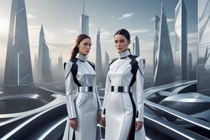 A captivating image of futuristic fashion, featuring models in sleek, high-tech outfits made from innovative materials. The designs should be bold and avant-garde, geometric patterns. The backdrop is a futuristic cityscape with dvanced technology, creating a vision of fashion in the future