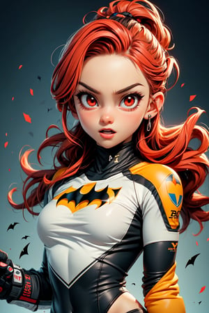 (best quality), (UHQ, 8k, high resolution), Generate a pixel art masterpiece featuring a solo anime girl with a sporty, moto-inspired aesthetic. The character boasts vibrant, electric red hair, and her red eyes gleam with intensity. Dressed in a cutting-edge MotoGP racing suit with batman logos, she strikes a dynamic and confident pose. The atmosphere should convey a thrilling sense of speed and victory, with the character radiating charm and charisma, subtly expressing a connection with the viewer. Ensure the pixel art is of ultra resolution, adopting a dynamic aspect ratio, and capturing the essence of 'simple --niji' and 'kpop girl' styles. Emphasize the character's forehead, sleek physique, and infuse the scene with an energetic and endearing expression.