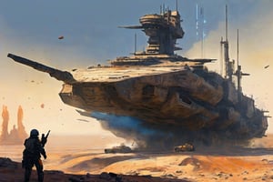 Composition: A futuristic warzone landscape unfolds an industrial military ship emerges from a dusty, ravaged horizon. Weathered textures and rusty hues dominate the foreground, depicting the aged structure's battle-worn features. The sky above is a deep shade of indigo, gradually lightening to a faint blue towards the upper left corner, where a burst of orange and yellow illuminates the atmosphere. A military unit, dressed in muted earth tones, moves cautiously into the frame, led by a helmeted figure holding a rifle at the ready. The landscape's worn terrain, complete with rocky outcroppings and ravaged foliage, stretches towards the vanishing point, drawing the viewer's eye into the gritty, adventurous scene.