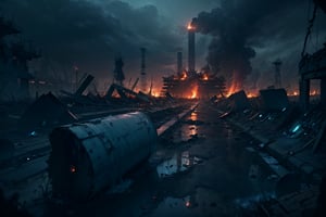 A haunting masterpiece captures the devastating aftermath of Japan's nuclear wastewater treatment plant explosion, with ultra-detailed destruction and chaos. In the foreground, a solemn figure stands amidst the ruins, surrounded by debris and pollution. The once-pristine cityscape now lies in shambles, with toxic waste spills and smoldering fires engulfing the area. Dark clouds loom overhead, reflecting the apocalyptic mood as the world teeters on the brink of ecological collapse.