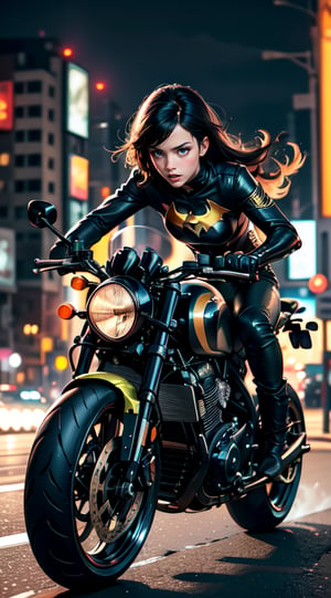 Black caferacer motorcycle driving high speed through the city (speeding), (slow motion: 1.3), (motion blur: 1.3), (speed line: 1.4), sense of speed, hot batgirl, glow eyes, denim short, sparks and tire smoke, cityscape background, camera on ground, high quality, high resolution, realistic details,Enhance,More Detail