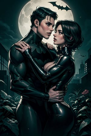 a passionate kiss, Bruce wayne e Celine,
1boy slim figure entwined with 1girl, beautiful girl,(((cute face, perfect eyes))), dark hair, perfect physique under the darkness of a black night.
In a garden, hes wearing batman suit, she is wearing a black leather catwoman outfit, brunete, casting an eerie glow on their passionate kiss. The air is heavy with drama as they cling to each other, lost in the moment.