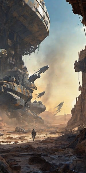 Composition: A futuristic warzone landscape unfolds an industrial military ship emerges from a dusty, ravaged horizon. Weathered textures and rusty hues dominate the foreground, depicting the aged structure's battle-worn features. The sky above is a deep shade of indigo, gradually lightening to a faint blue towards the upper left corner, where a burst of orange and yellow illuminates the atmosphere. A military unit, dressed in muted earth tones, moves cautiously into the frame, led by a helmeted figure holding a rifle at the ready. The landscape's worn terrain, complete with rocky outcroppings and ravaged foliage, stretches towards the vanishing point, drawing the viewer's eye into the gritty, adventurous scene.