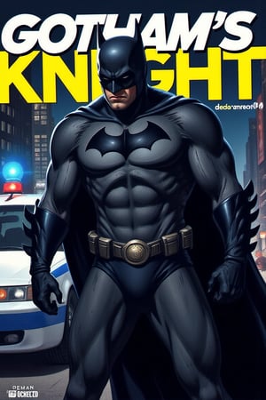 Magazine cover art titled as "GOTHAM's KNIGHT", dedicated for the Batman, standing, action pose, police car in background, hyper detailed, ((best image)), ((best quality)), ((masterpiece:1.2)), 8K UHD