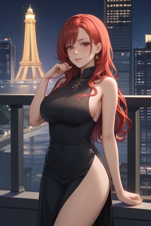 Quality Masterpiece, Top Quality, Aesthetic, //Character 1 Girl, A beautiful girl, with red hair, a beautiful face. wearing a black sweter against the background of Ghotan City by night