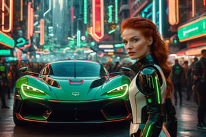 A young woman with red hair, standing next to a vibrant black sports car. She is wearing a futuristic, dark outfit with white accents and a green emblem on her left arm. The backdrop is a bustling urban setting with neon signs, various vehicles, and a dense crowd of people. The atmosphere seems to be that of a cyberpunk city, with a mix of traditional and futuristic elements.