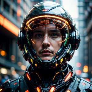 Portrait of a 50 years old man, solo, realistic, science fiction, helmet, cable, cyberpunk, lips, cowboy_shot , blurry, robot, depth of field, blurry background, green eyes, screen, glowing, facing viewer, facial_expressions,Germany Male