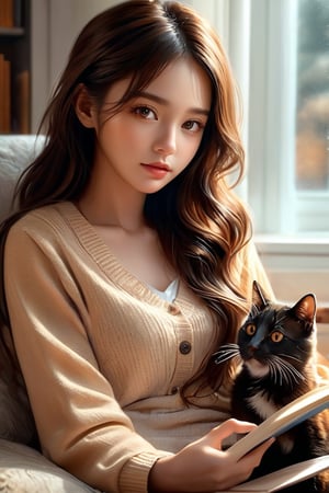 ((masterpiece)), ((best quality)), (((photo Realistic))), (8k, RAW photo, best quality, masterpiece:1.2), (realistic, photo-realistic:1.3). best quality, masterpiece, photography of a 1girl, dark, brown skin, brown eyes, messy long brown hair and cat, beautiful detailed face, shes reading while cat plays, living room, soft light, hyperrealistic, intricate, highly detailed