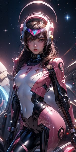 a girl, thunder yellow jacket, tight suit,Space helm of the 1960s,and the anime series G Force of the 1980s,Darf Punk wlop glossy skin, ultrarealistic sweet girl, space helm 60s, holographic, holographic texture, the style of wlop, space, 