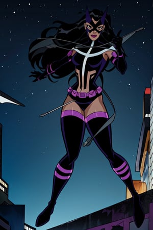 ((masterpiece,best quality)), Huntress_JLU, full body, detailed mask, smug, night sky and city lights in background, cinematic composition, action pose, Huntress_JLU, 2d, Full Body,  dc animation style,Eyes