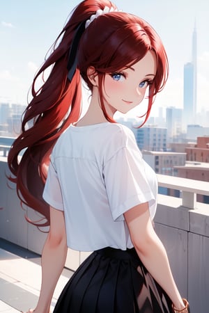 Pretty and beautiful girl. She wears a very fancy summer casual outfit (Black sportswear, white blouse, white tennis). She is a very badass. Hyperdetailing masterpiece, hyperdetailing skin, masterpiece quality, with 4k resolution. Tender gaze. Very long hair, ponytail hairtyle, red hair. Blue eyes. She is smiling. Park in background. beautiful and shiny skin, beautiful and detailed eyes, beautiful and detailed outfit. Detailed hands. Beautiful adbomen. proportional body. City in background.