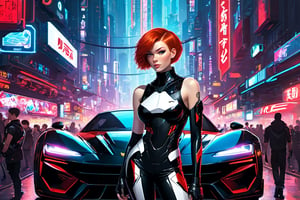 A young woman with short red hair, 21yo, standing next to a vibrant black sports car. She is wearing a futuristic, dark outfit with white accents and a red emblem on her left arm. The backdrop is a bustling urban setting with neon signs, various vehicles, and a dense crowd of people. The atmosphere seems to be that of a cyberpunk city, with a mix of traditional and futuristic elements.