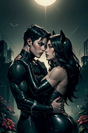 a passionate kiss, Bruce wayne e Celine,
1boy slim figure entwined with 1girl, beautiful girl,(((cute face, perfect eyes))), dark hair, perfect physique under the darkness of a black night.
In a garden, hes wearing batman suit, she is wearing a black leather catwoman outfit, brunete, casting an eerie glow on their passionate kiss. The air is heavy with drama as they cling to each other, lost in the moment.