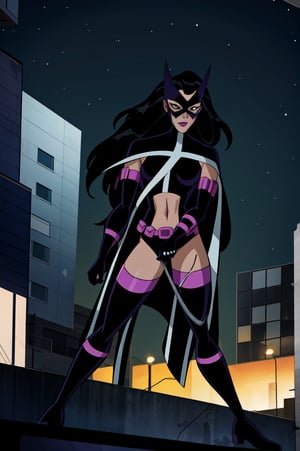 ((masterpiece,best quality)), Huntress_JLU, full body, detailed mask, smug, night sky and city lights in background, cinematic composition, action pose, Huntress_JLU, 2d, Full Body,  dc animation style