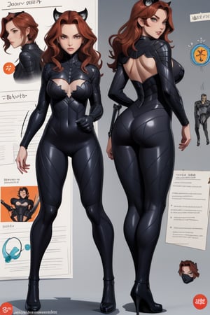 The concept character sheet of a strong, attractive, and hot catwoman, mid breast. Her face is oval,  forehead is smooth and visibly rounded at the temples. jawline is softly defined,  giving her a gentle and feminine appearance, full body,  Full of details, frontal body view, back body view, Highly detailed, Depth, Many parts,((Masterpiece, Highest quality)), 8k, Detailed face (long hair), angry expression, Infographic drawing. Multiple sexy poses. 3d