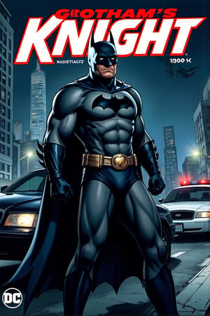 Magazine cover art titled as "GOTHAM's KNIGHT", dedicated for the Batman, standing, action pose, police car in background, hyper detailed, ((best image)), ((best quality)), ((masterpiece:1.2)), 8K UHD