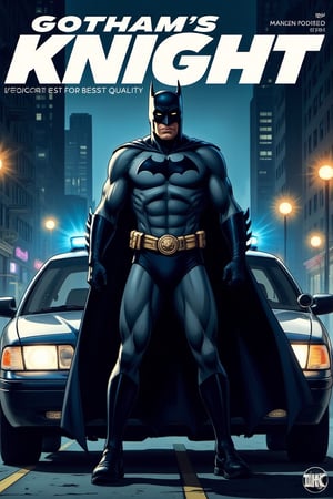 Magazine cover art titled as "GOTHAM's KNIGHT", dedicated for the Batman, standing, action pose, police car in background, hyper detailed, ((best image)), ((best quality)), ((masterpiece:1.2)), 8K UHD