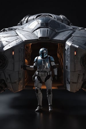 ((Ultra-realistic)) photo of Razor Crest,a starsip in Star Wars film,Mandalorian's starship,parked on ground,front part to the left,dark,entrance door open,person standing in the entrance,dark background,front part shown in frame,depth of perspective,starship focus,(wide shot)
BREAK
sharp focus,high contrast,studio photo,trending on artstation,rule of thirds,perfect composition,(Hyper-detailed,masterpiece,best quality,UHD,HDR,32K,shiny, glossy,reflective,kodachrome 800:1.3),ek_raz0r_cre5t