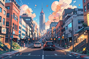 A serene autumn afternoon scene: a brilliant blue sky with puffy white clouds stretches above the urban landscape. A cityscape unfolds below, with towering skyscrapers and bustling streets. A sleek car navigates the road, flanked by a building with a neon sign and a lamppost casting a warm glow. Autumn leaves carpet the ground, while a tree stands tall in the distance. In the foreground, a motor vehicle sits idle at a crosswalk, awaiting its turn to merge into the flow of city traffic.