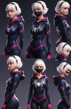 More Detail, Detailedeyes, Detailedface, (1 girl, young female, white hair, short hair, blue eyes, curvy, 
 small breasts, nice ass, thick thighs, wide hips, abs), (spider-gwen suit, face mask, hoodie, hairband), BREAK (Infographic drawing, The concept character sheet, Multiple sexy poses), 