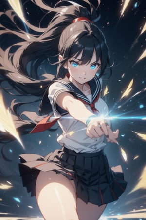 anime style beautiful woman, 1girl, (ponytail), black hair, (long hair), 
(smile), 
Slender, skinny, (turime), thick eyebrows, 
(school uniform), (sailor uniform), ((red sailor tie)), (white sailor blouse), 
 ((rushpunch, punching, clenched hands, oreshortening, incoming attack, aura, afterimage, motion lines, speed lines, motion_blur,  energy, glowing,)), 
vibrant colors, sharp focus, best quality, depth of field, cinematic lighting, (illustration, 8k CG, extremely detailed), ultra-detailed, high resolution, firefliesfireflies, perfect light, 
stylish pose, 8k, very clear, highest quality, high resolution. best quality, illustration, sax blue, 1girl, cute, (dynamic lighting:1.2), cinematic lighting, delicate facial features, detailed eyes, sharp pupils, realistic pupils, depth of field, bokeh, sharp focus, (hyper-detailed, bloom, glow:1.4), many small gems,rushpunch