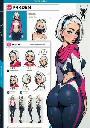 More Detail, Detailedeyes, Detailedface, (1 girl, young female, white hair, short hair, blue eyes, curvy, 
 small breasts, nice ass, thick thighs, wide hips, abs), (spider-gwen suit, face mask, hoodie, hairband), BREAK (Infographic drawing, The concept character sheet, Multiple sexy poses)