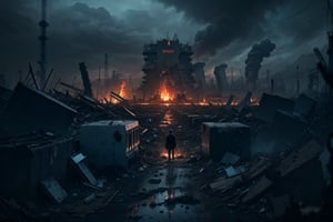 A haunting masterpiece captures the devastating aftermath of Japan's nuclear wastewater treatment plant explosion, with ultra-detailed destruction and chaos. In the foreground, a solemn figure stands amidst the ruins, surrounded by debris and pollution. The once-pristine cityscape now lies in shambles, with toxic waste spills and smoldering fires engulfing the area. Dark clouds loom overhead, reflecting the apocalyptic mood as the world teeters on the brink of ecological collapse.