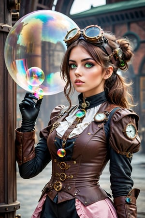 ((Generate hyper realistic full body image of  captivating scene featuring a stunning 20 years old steampunk 19th century girl explorer,)) Steampunk, goggles on head, Mechanical engineer, brown gloves, 
standing girl, semi side view,  green eyes, photography style , Extremely Realistic, (Bored girl making a bubble gum:1.4), (((full body))),, darkart,3dmdt1,ste4mpunk,HZ Steampunk