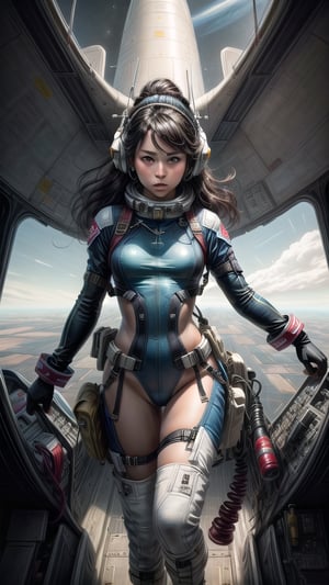 An impressive masterpiece of abstract art, recognized for its quality, 14k resolution, latim woman, in the cockpit of a futuristic fighter plane. The artwork is visually stunning and shows the beauty and strength of the pilot as she leads a battle in space in the distant future. The piece is an award-winning depiction, with the pilot portrayed in a flight suit and features intricate details, further enhancing its beauty and impact. Retro-Science-Fiction-ART