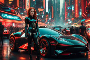A young woman with red hair, standing next to a vibrant black sports car. She is wearing a futuristic, dark outfit with white accents and a red emblem on her left arm. The backdrop is a bustling urban setting with neon signs, various vehicles, and a dense crowd of people. The atmosphere seems to be that of a cyberpunk city, with a mix of traditional and futuristic elements.