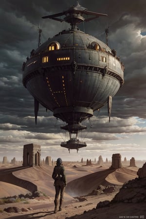 alien desert surface, landscape, geometrical ruins, strange ancient sculptures, stormy sky, black clouds, a steampunk female explorer/pilot has landed her small airship on a alien desert planet. she is surveying the landscape and structures. detailed background of a vast desert with slow moving storm and black clouds forming