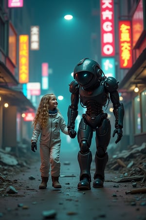 Photo. A rundown cyberpunk city street at night with broken neon signs and rubble. A little girl is walking. She has long blonde wavy hair and she is wearing a white spacesuit. She is holding hands with her guardian who is a dark metal robot which is slightly worn. She is smiling at her guardian. The robot is armed with futuristic weapons so it can keep the little girl safe. It looks like the robot is smiling back at the girl with its glowing visor.