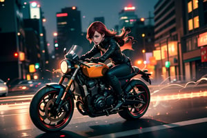 Black caferacer motorcycle driving high speed through the city (speeding), (slow motion: 1.3), (motion blur: 1.3), (speed line: 1.4), sense of speed, hot batgirl, glow eyes, red hair, denim short, sparks and tire smoke, cityscape background, camera on ground, high quality, high resolution, realistic details,Enhance,More Detail