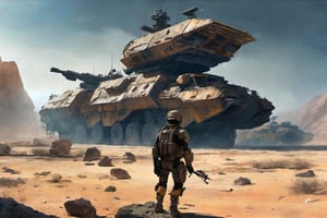 Composition: A futuristic warzone landscape unfolds an industrial military ship emerges from a dusty, ravaged horizon. Weathered textures and rusty hues dominate the foreground, depicting the aged structure's battle-worn features. The sky above is a deep shade of indigo, gradually lightening to a faint blue towards the upper left corner, where a burst of orange and yellow illuminates the atmosphere. A military unit, dressed in muted earth tones, moves cautiously into the frame, led by a helmeted figure holding a rifle at the ready. The landscape's worn terrain, complete with rocky outcroppings and ravaged foliage, stretches towards the vanishing point, drawing the viewer's eye into the gritty, adventurous scene.