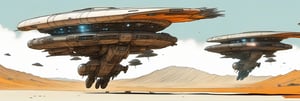 wide angle, worms-eye view, a massive sci-fi generation ship, realistic, high resolution, spaceships taking off and landing, robots, soldiers, full spectrum color, highly detailed pen drawings,
in the style of "Dune (2000)", Jae Cheol Park