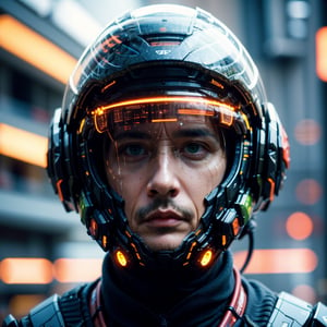 Portrait of a 50 years old man, solo, realistic, science fiction, helmet, cable, cyberpunk, lips, cowboy_shot , blurry, robot, depth of field, blurry background, green eyes, screen, glowing, facing viewer, facial_expressions,Germany Male