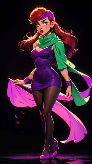 (Black background), 1woman,  daphne Blake from Scooby Doo, Beautiful redhead, hourglass figure and shoulder-length red hair, (purple top dress), pink pantyhose, and purple shoes, plastic purple headband, (green scarf),Masterpiece,daphneb