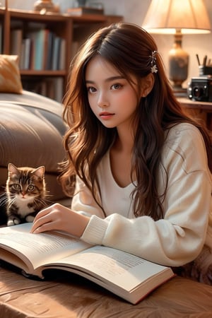 ((masterpiece)), ((best quality)), (((photo Realistic))), (8k, RAW photo, best quality, masterpiece:1.2), (realistic, photo-realistic:1.3). best quality, masterpiece, photography of a 1girl, dark, brown skin, brown eyes, messy long brown hair and cat, beautiful detailed face, shes reading while cat plays, living room, soft light, hyperrealistic, intricate, highly detailed