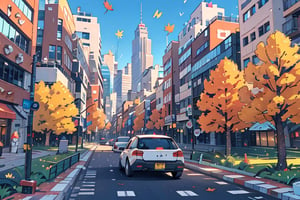A serene autumn afternoon scene: a brilliant blue sky with puffy white clouds stretches above the urban landscape. A cityscape unfolds below, with towering skyscrapers and bustling streets. A sleek car navigates the road, flanked by a building with a neon sign and a lamppost casting a warm glow. Autumn leaves carpet the ground, while a tree stands tall in the distance. In the foreground, a motor vehicle sits idle at a crosswalk, awaiting its turn to merge into the flow of city traffic.